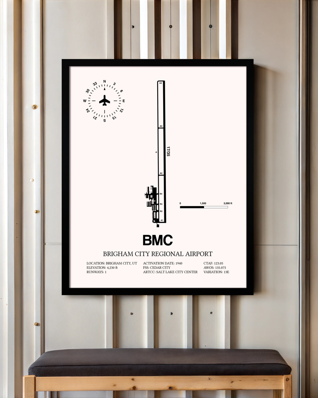 Brigham City Regional Airport framed poster displayed in an airplane hangar