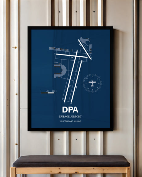 DuPage Airport framed poster displayed in an airplane hangar