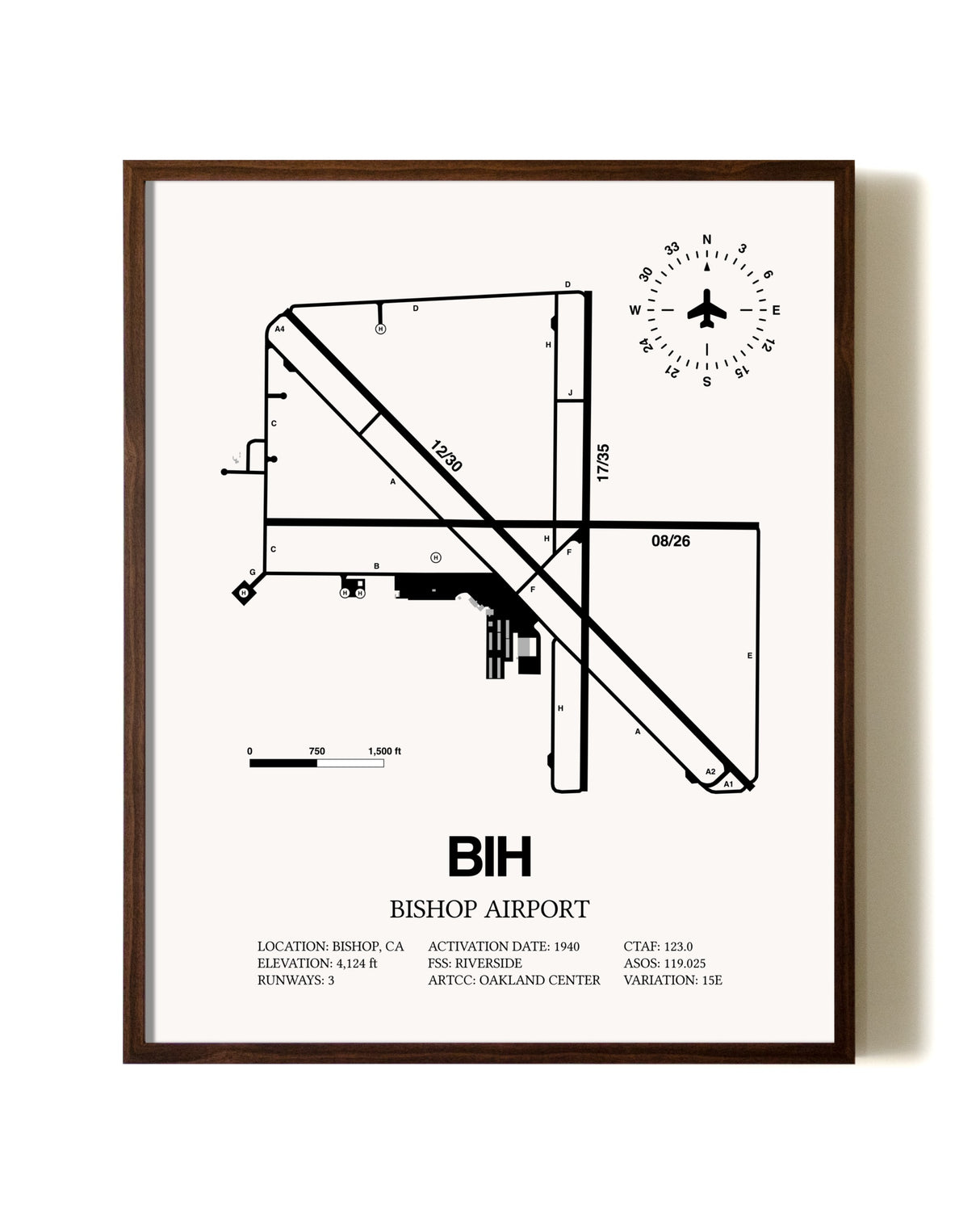 Bishop Airport aviation print in walnut frame