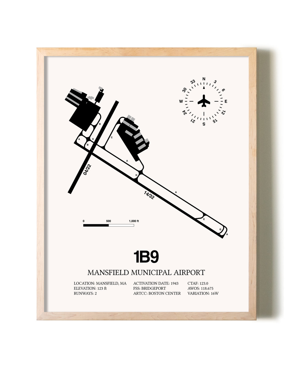 Mansfield Municipal Airport framed wall art in white frame