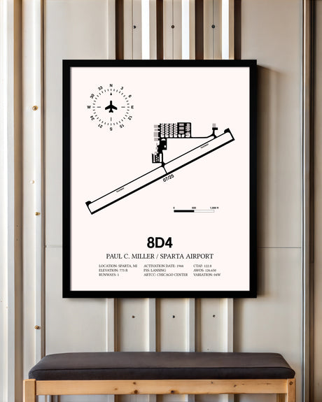 Paul C Miller/Sparta Airport framed poster displayed in an airplane hangar