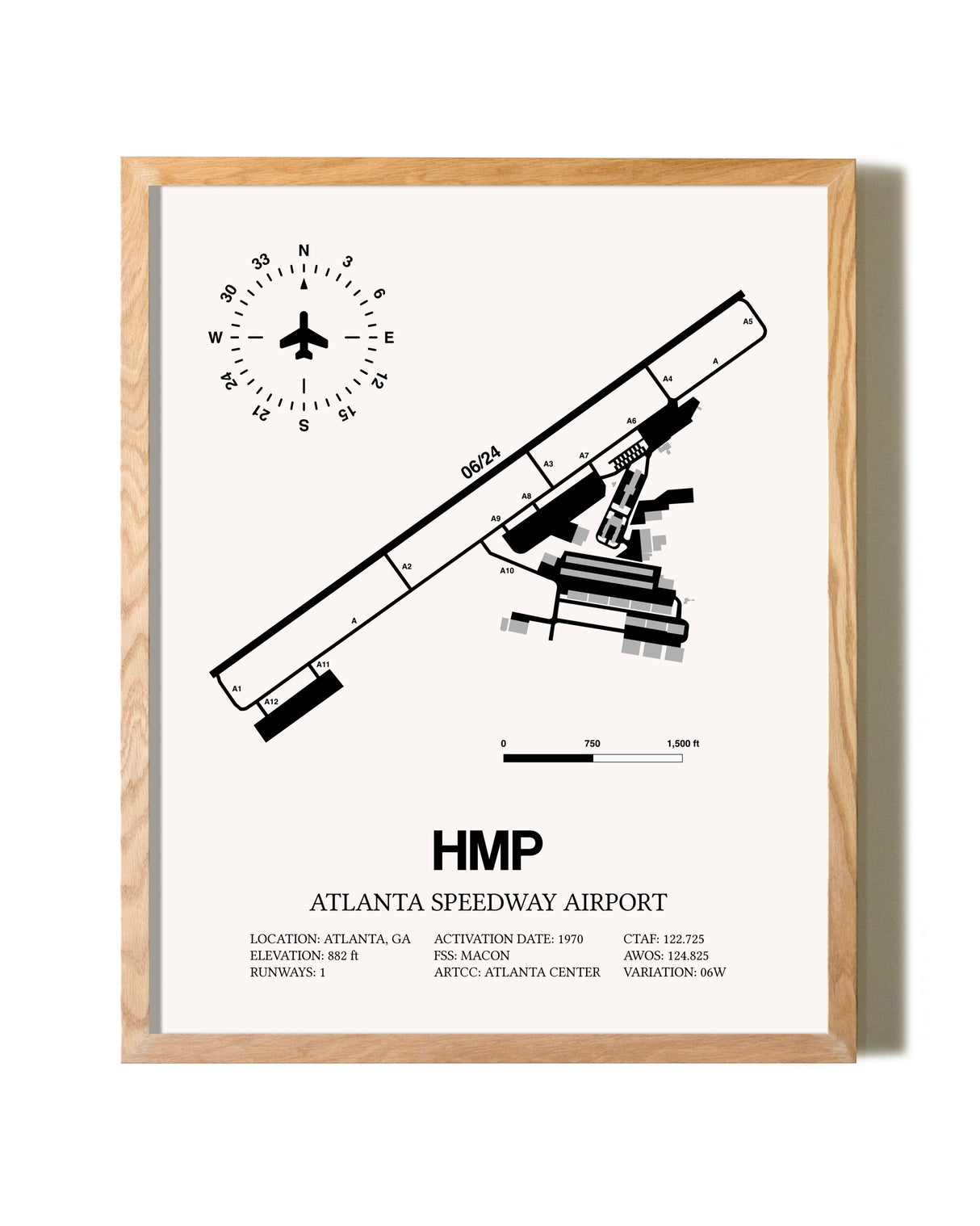 Atlanta Speedway Airport framed print in natural wood frame