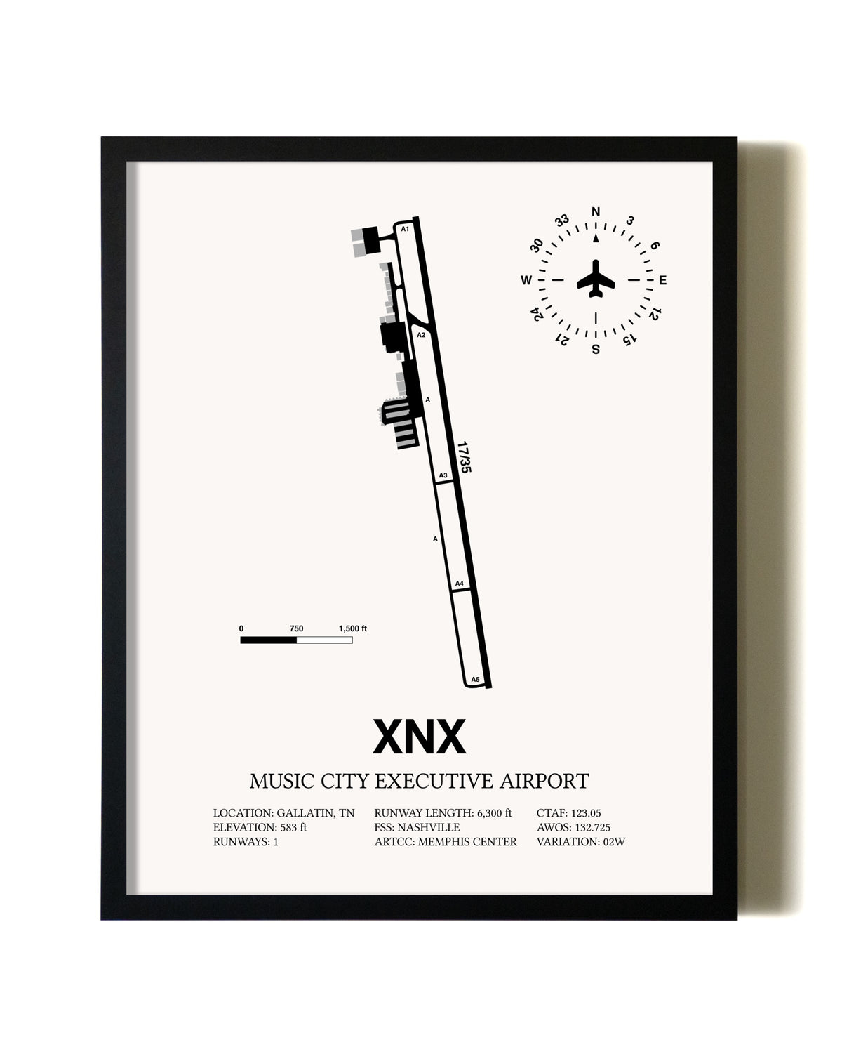 Framed Music City Executive Airport wall art poster in black frame