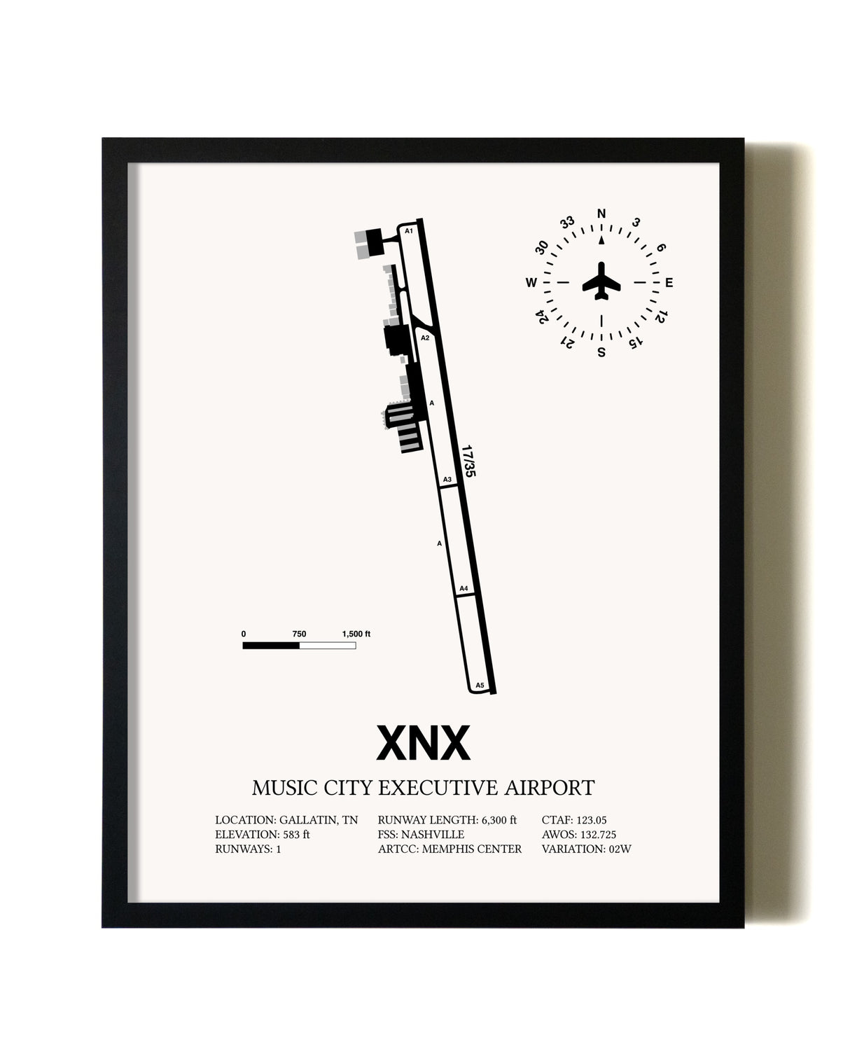 Framed Music City Executive Airport wall art poster in black frame
