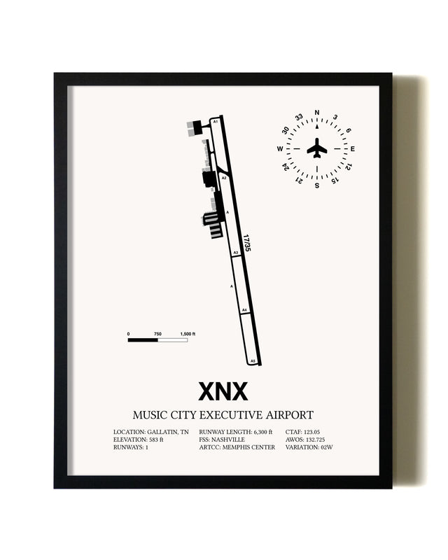 Framed Music City Executive Airport wall art poster in black frame
