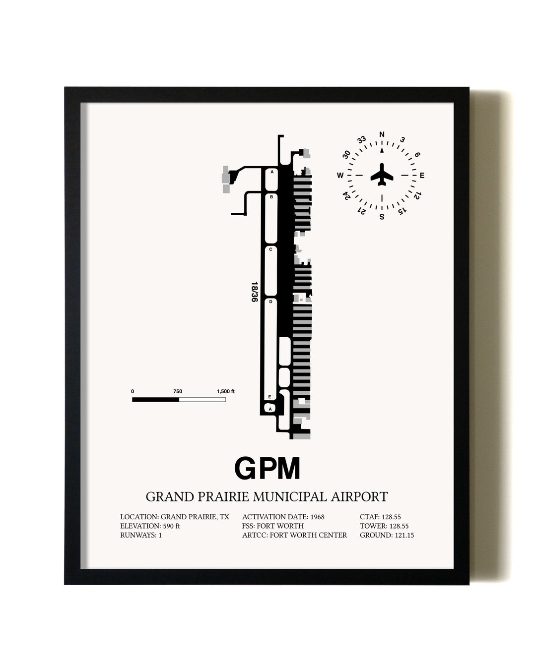 Framed Grand Prairie Municipal Airport wall art poster in black frame
