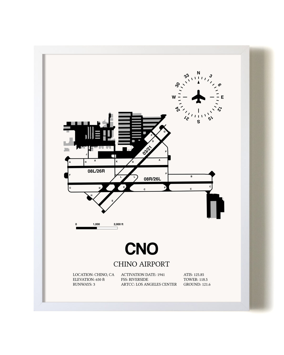 Chino Airport airport map poster in oak frame