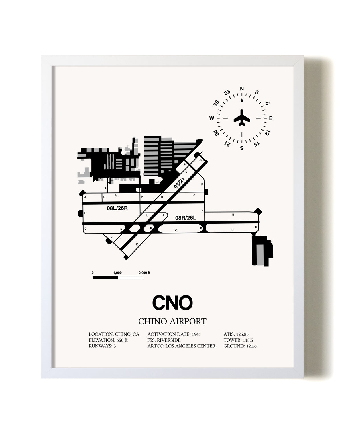 Chino Airport airport map poster in oak frame