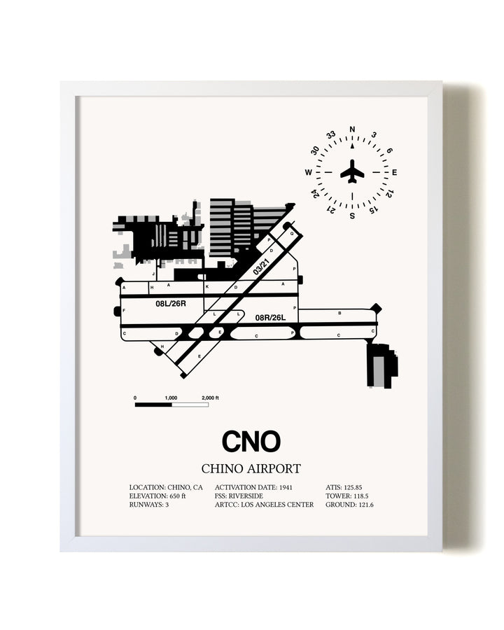 Chino Airport airport map poster in oak frame