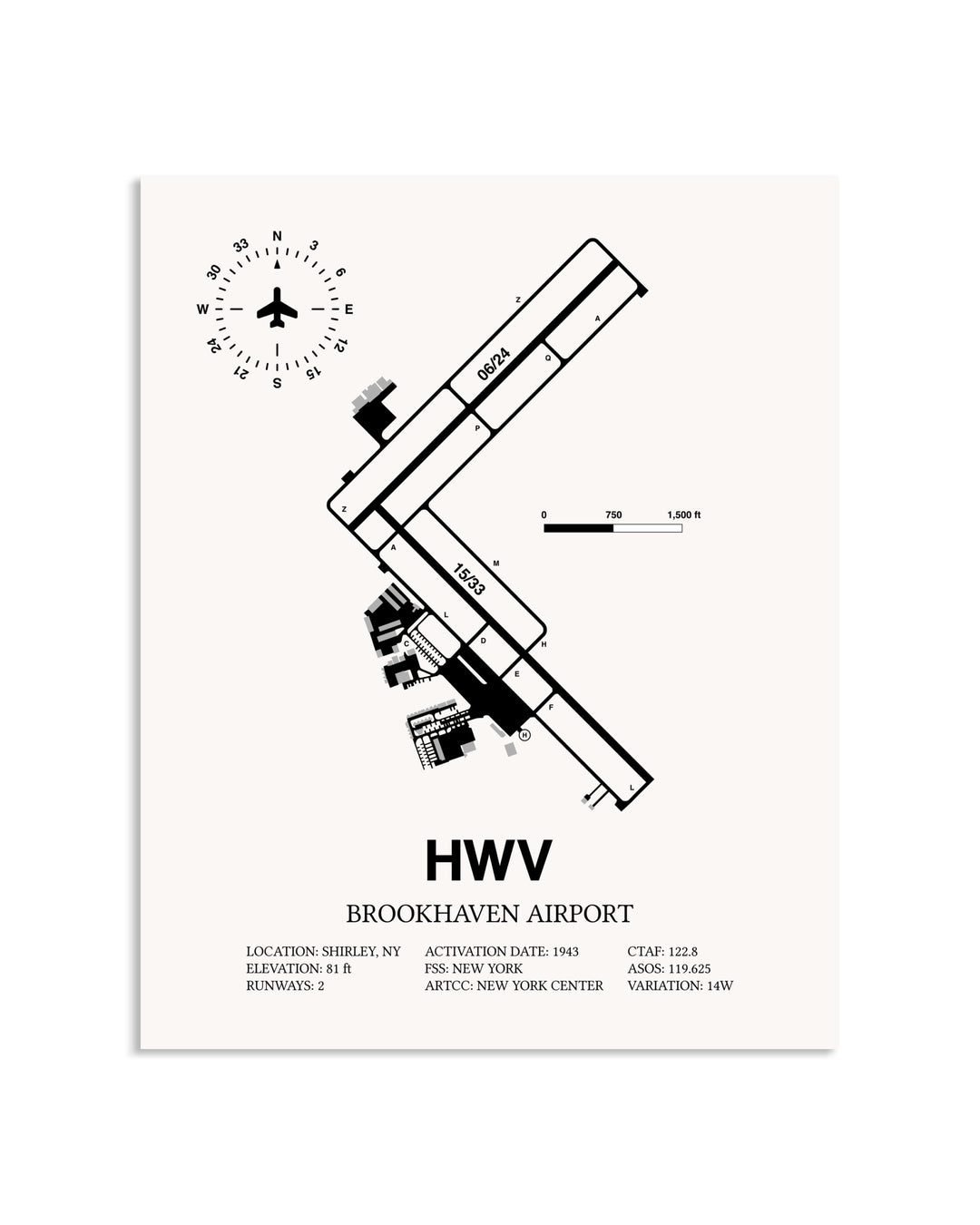 Gray Brookhaven Airport framed poster displayed in an airplane hangar