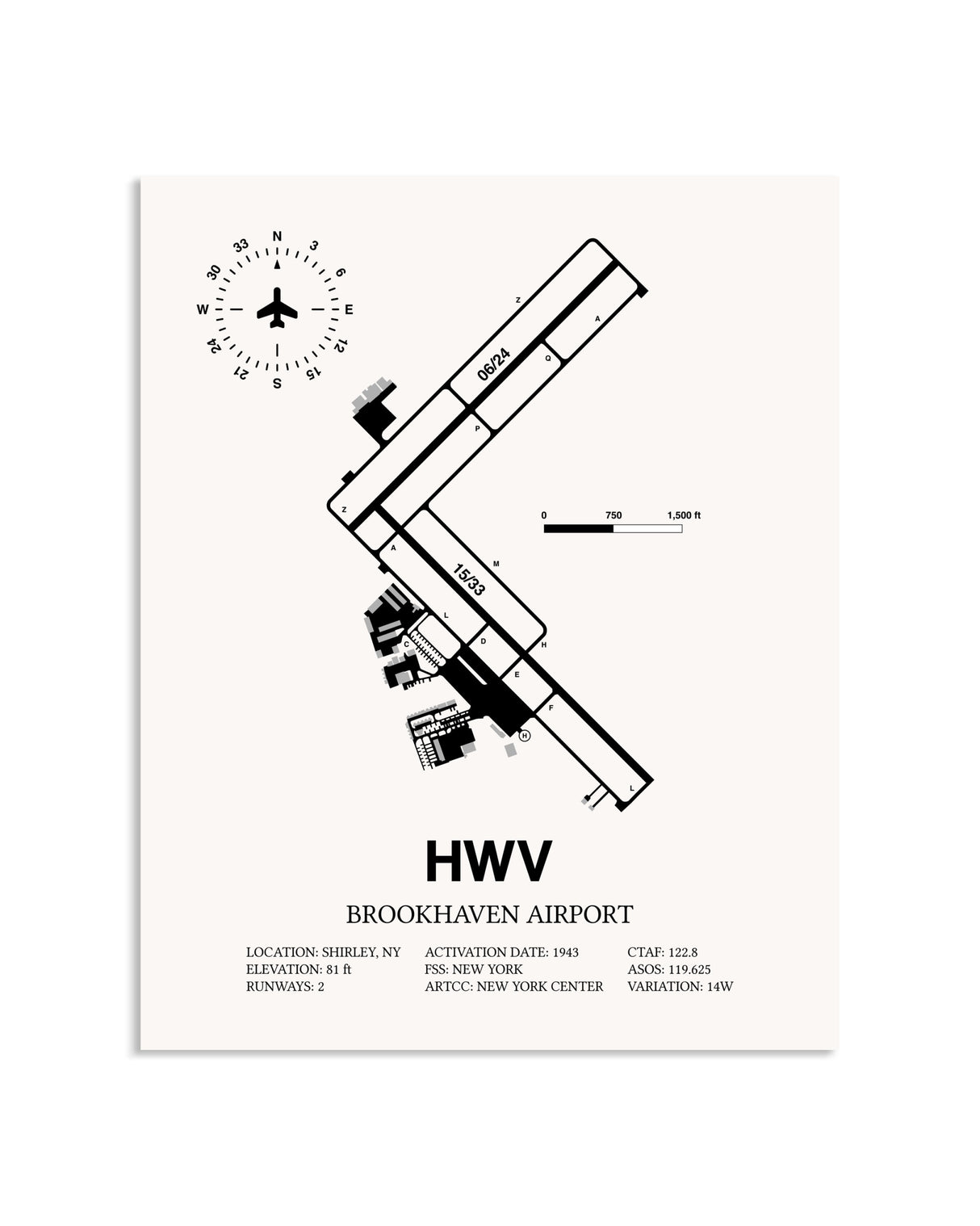Gray Brookhaven Airport framed poster displayed in an airplane hangar