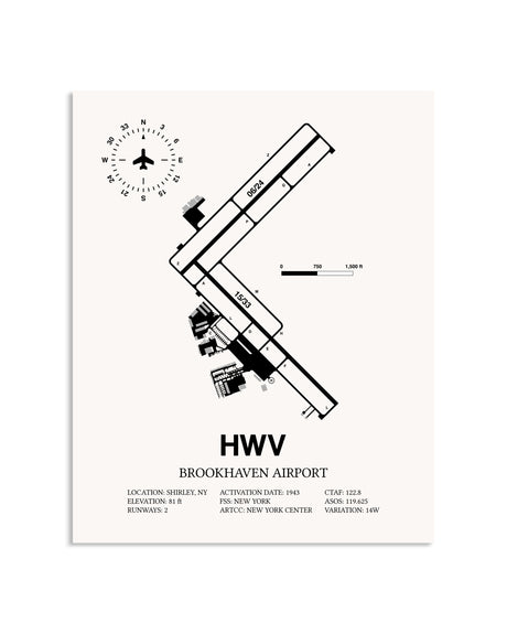 Gray Brookhaven Airport framed poster displayed in an airplane hangar