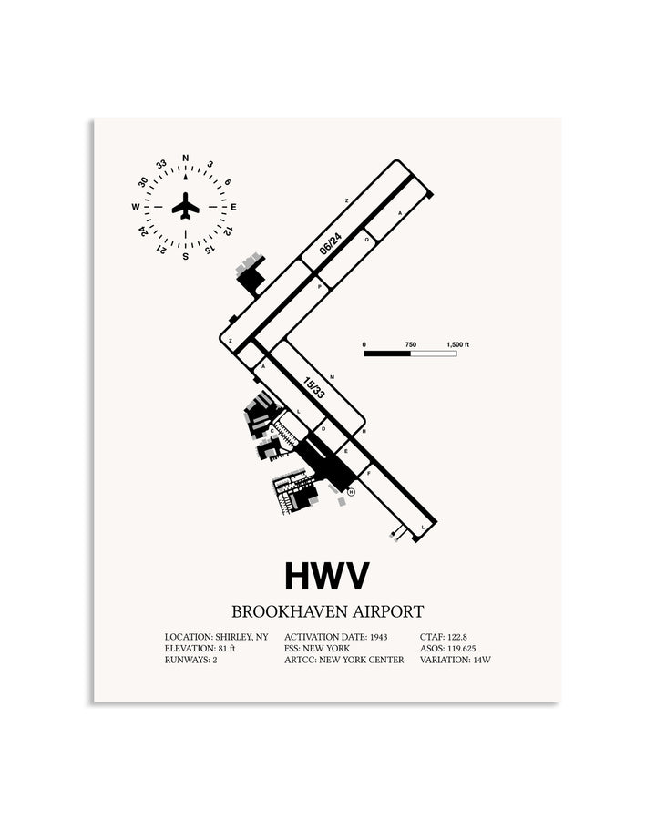 Gray Brookhaven Airport framed poster displayed in an airplane hangar