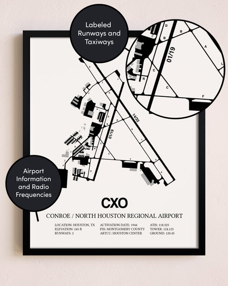 Framed Conroe / North Houston Regional Airport layout wall art poster
