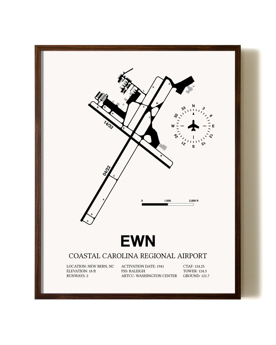 Coastal Carolina Regional Airport aviation print in walnut frame