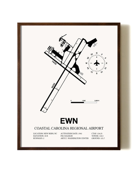 Coastal Carolina Regional Airport aviation print in walnut frame