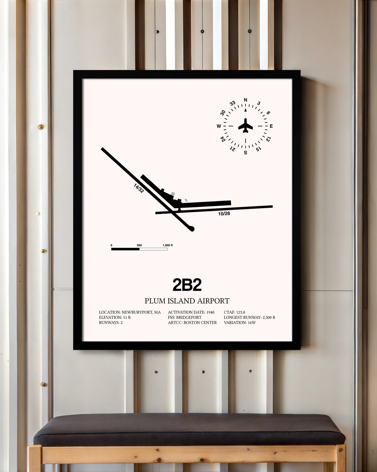 Plum Island Airport framed poster displayed in an airplane hangar