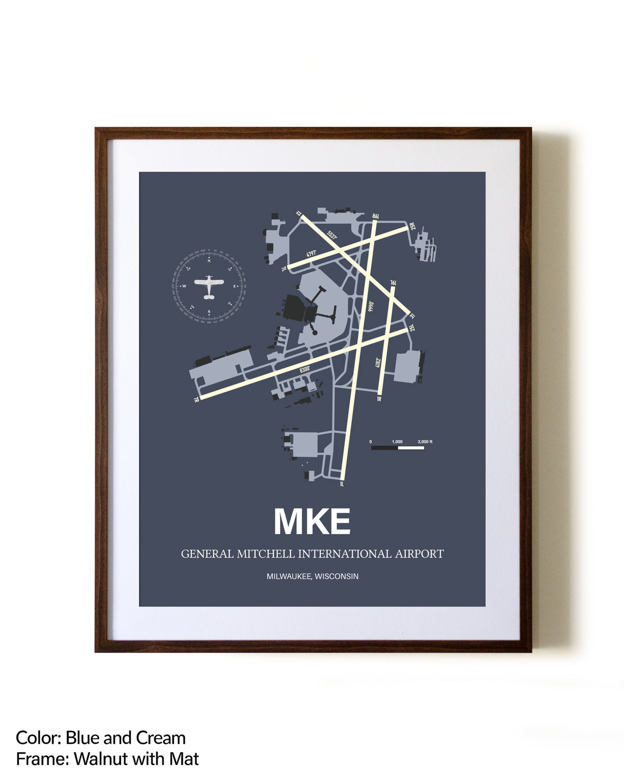 General Mitchell International Airport aviation print in walnut frame with mat