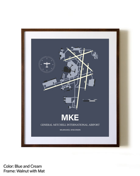 General Mitchell International Airport aviation print in walnut frame with mat