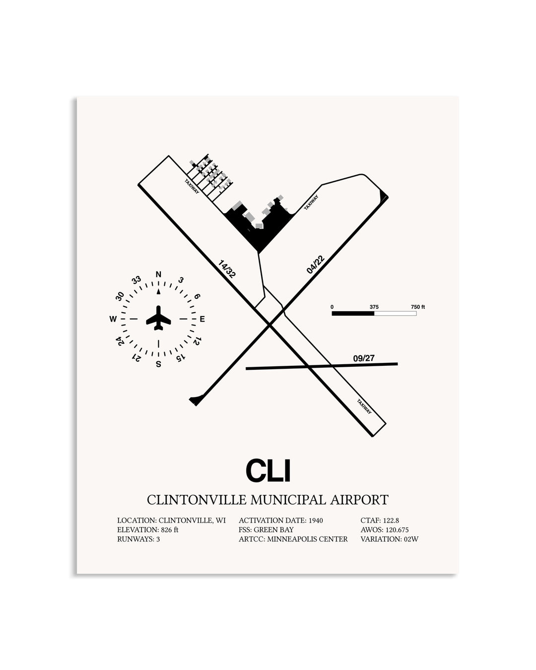 Gray Clintonville Municipal Airport framed poster displayed in an airplane hangar