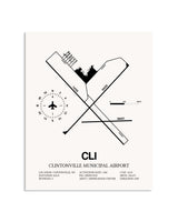 Gray Clintonville Municipal Airport framed poster displayed in an airplane hangar