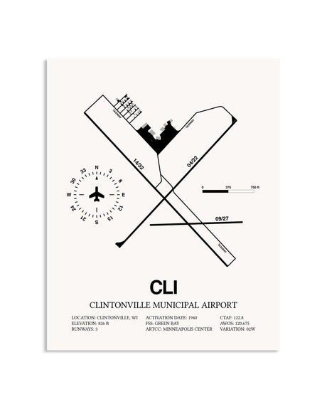 Gray Clintonville Municipal Airport framed poster displayed in an airplane hangar