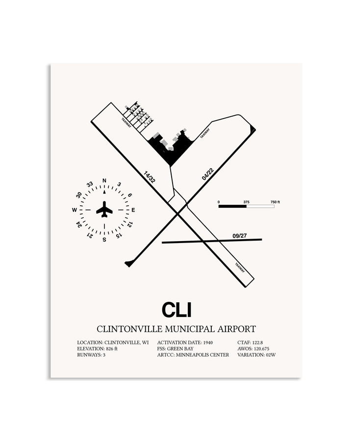 Gray Clintonville Municipal Airport framed poster displayed in an airplane hangar