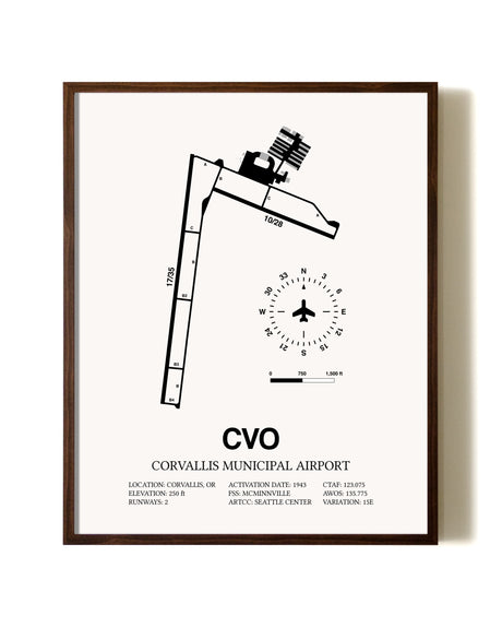 Corvallis Municipal Airport aviation print in walnut frame