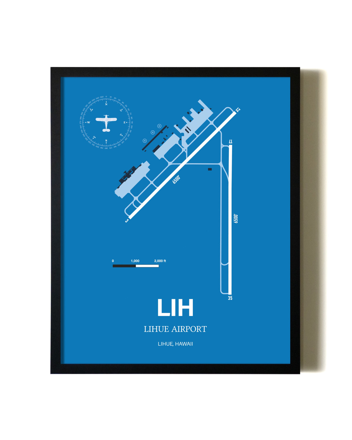 Sky Blue Lihue Airport aviation wall décor in black wood frame
