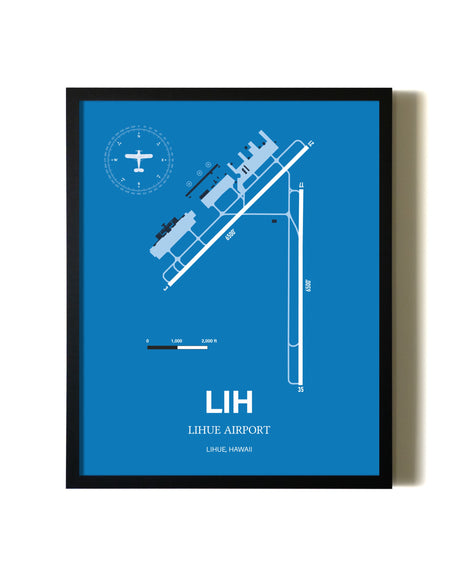 Sky Blue Lihue Airport aviation wall décor in black wood frame