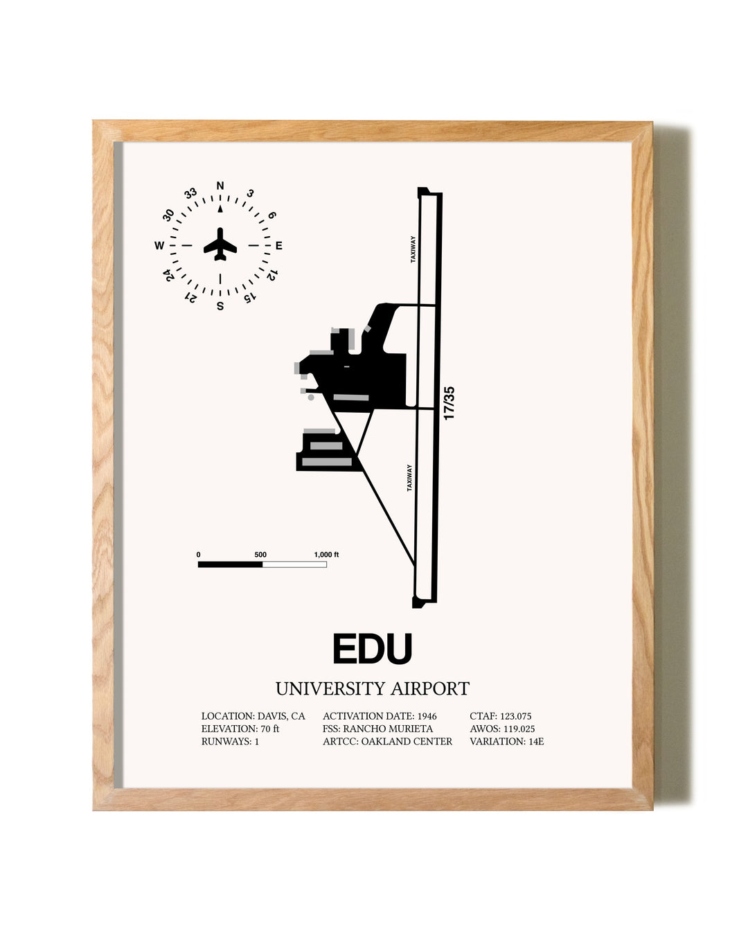 University Airport framed print in natural wood frame