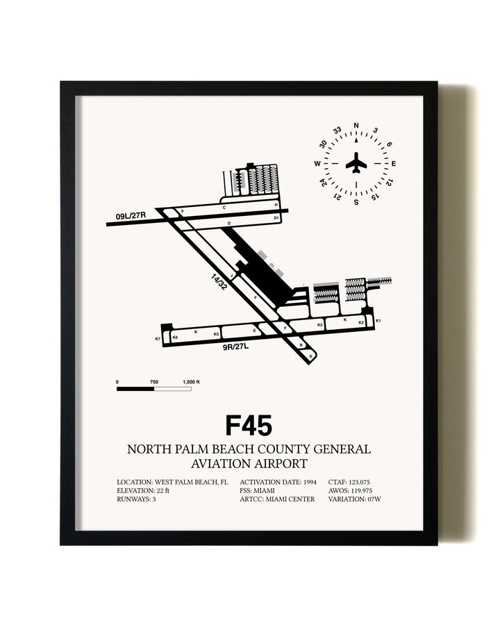 Framed North Palm Beach County General Aviation Airport wall art poster in black frame