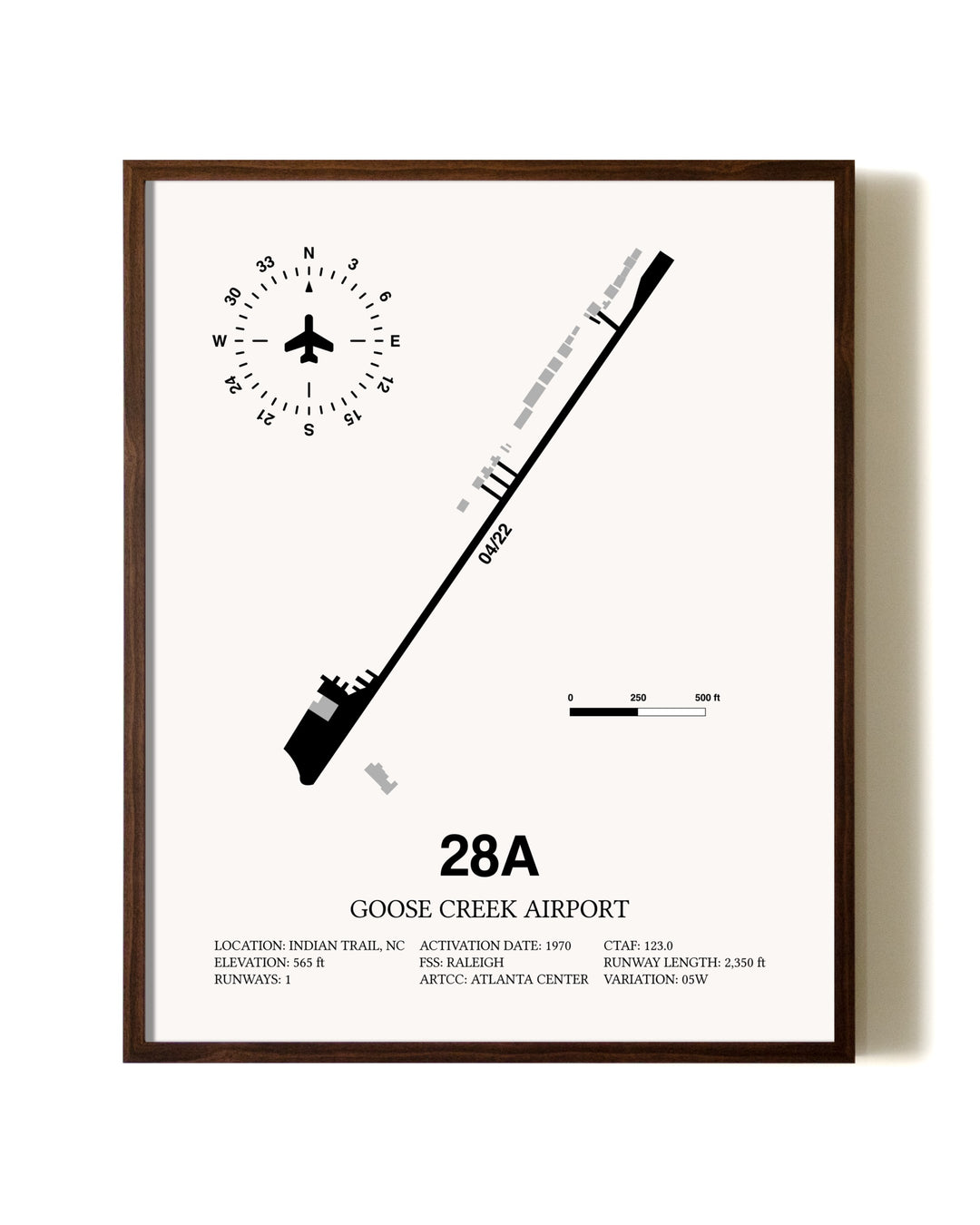 Goose Creek Airport aviation print in walnut frame