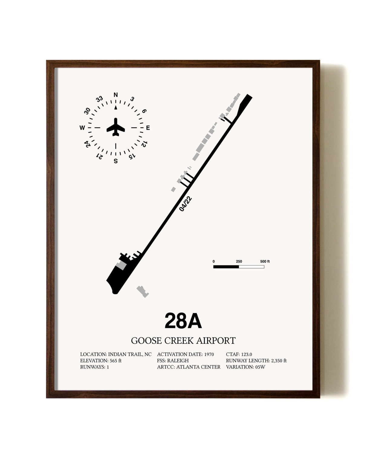 Goose Creek Airport aviation print in walnut frame