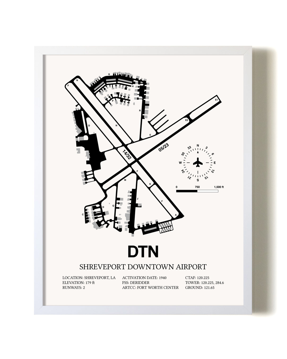 Shreveport Downtown Airport airport map poster in oak frame