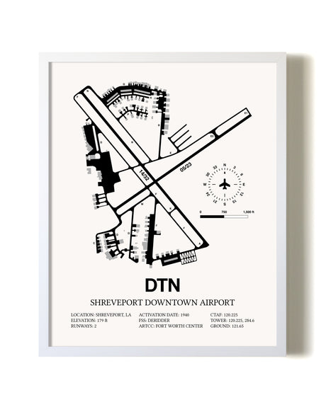 Shreveport Downtown Airport airport map poster in oak frame