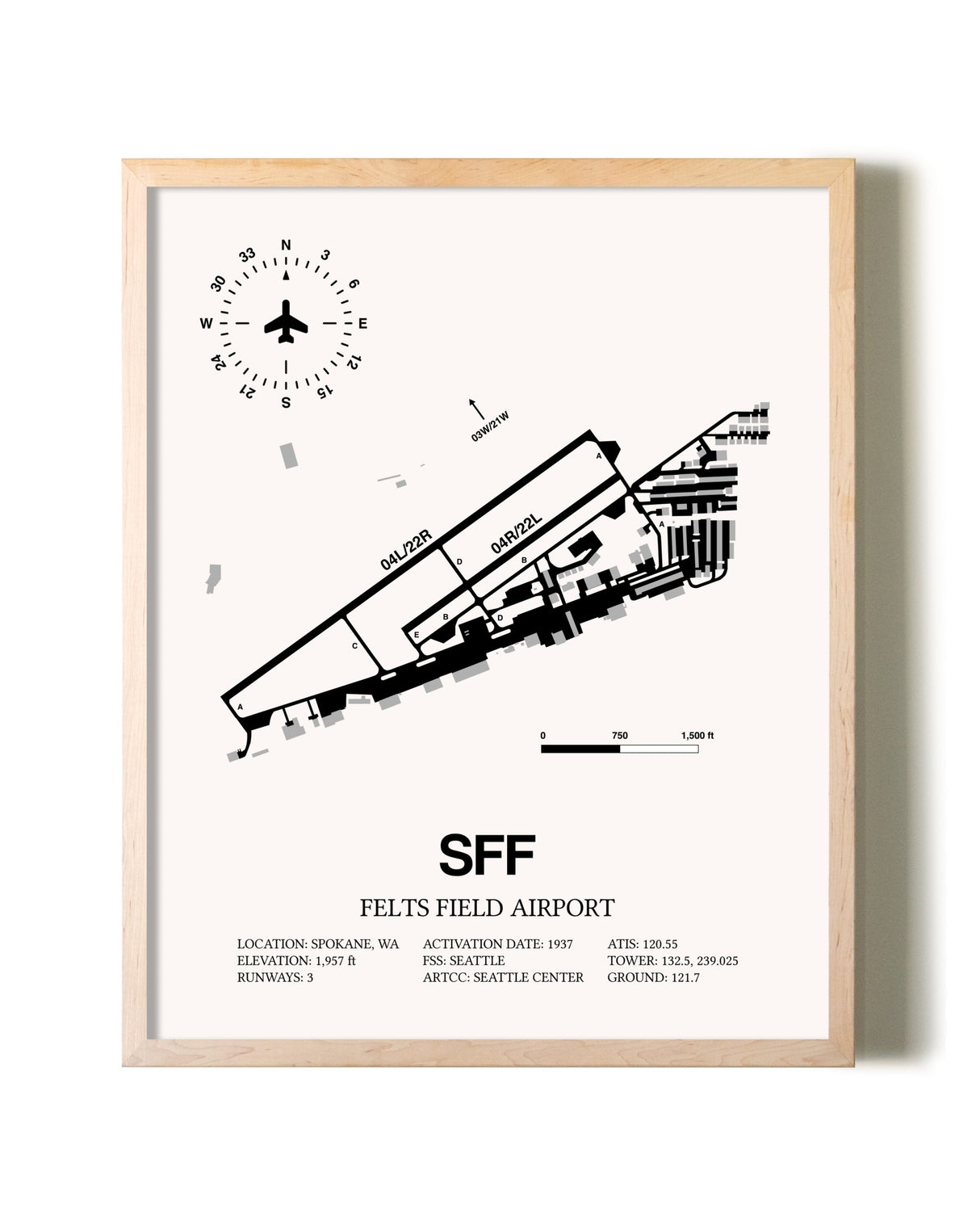 Felts Field Airport framed wall art in white frame