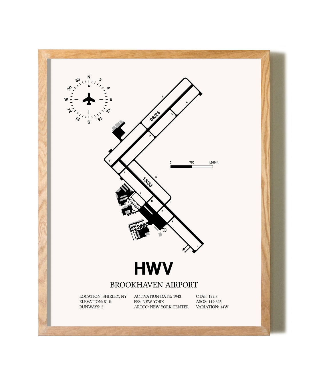 Brookhaven Airport framed print in natural wood frame