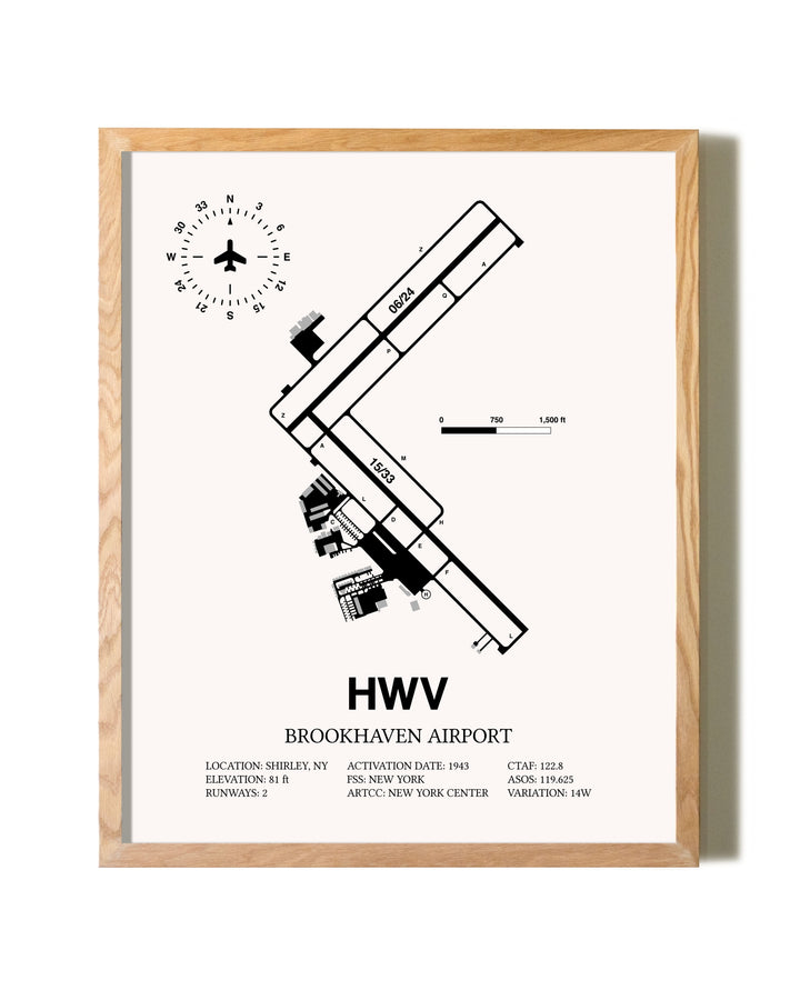 Brookhaven Airport framed print in natural wood frame