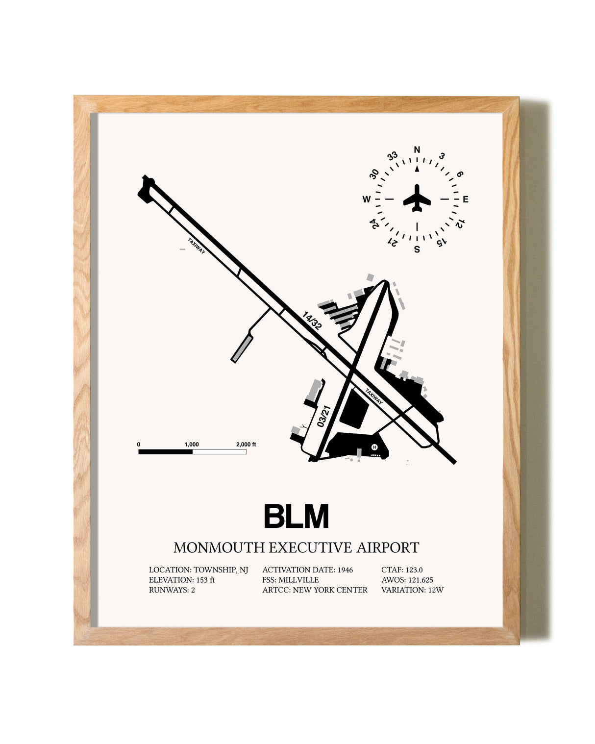 Monmouth Executive Airport framed print in natural wood frame