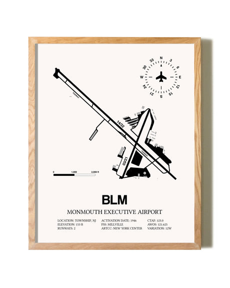 Monmouth Executive Airport framed print in natural wood frame