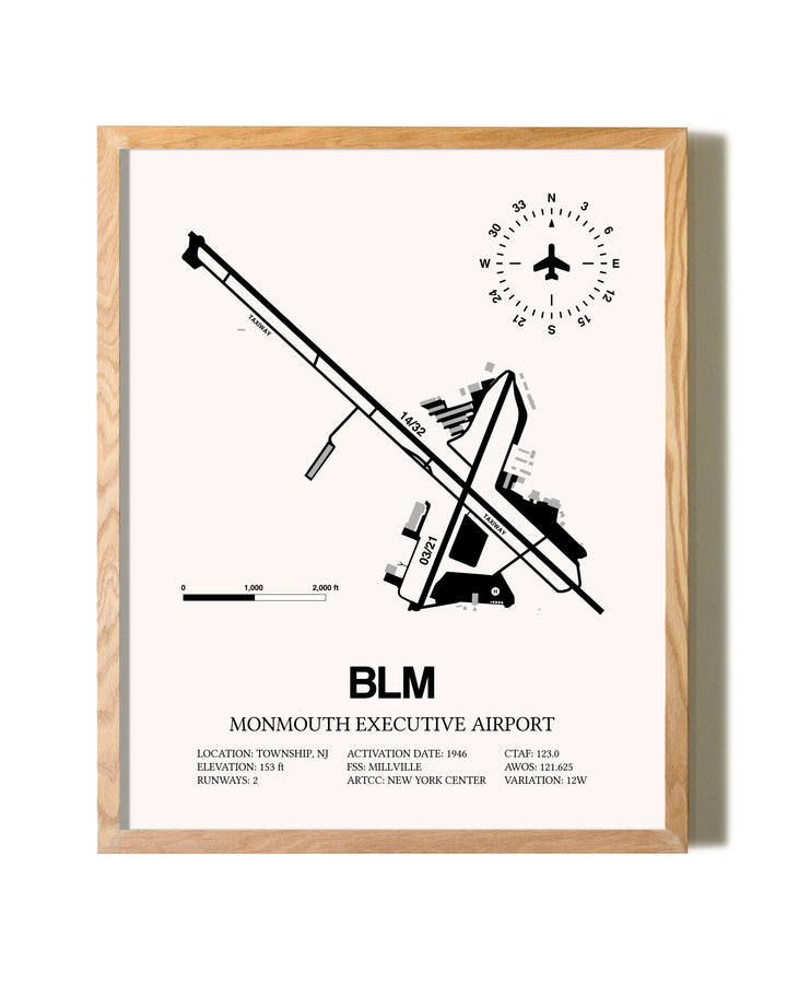 Monmouth Executive Airport framed print in natural wood frame