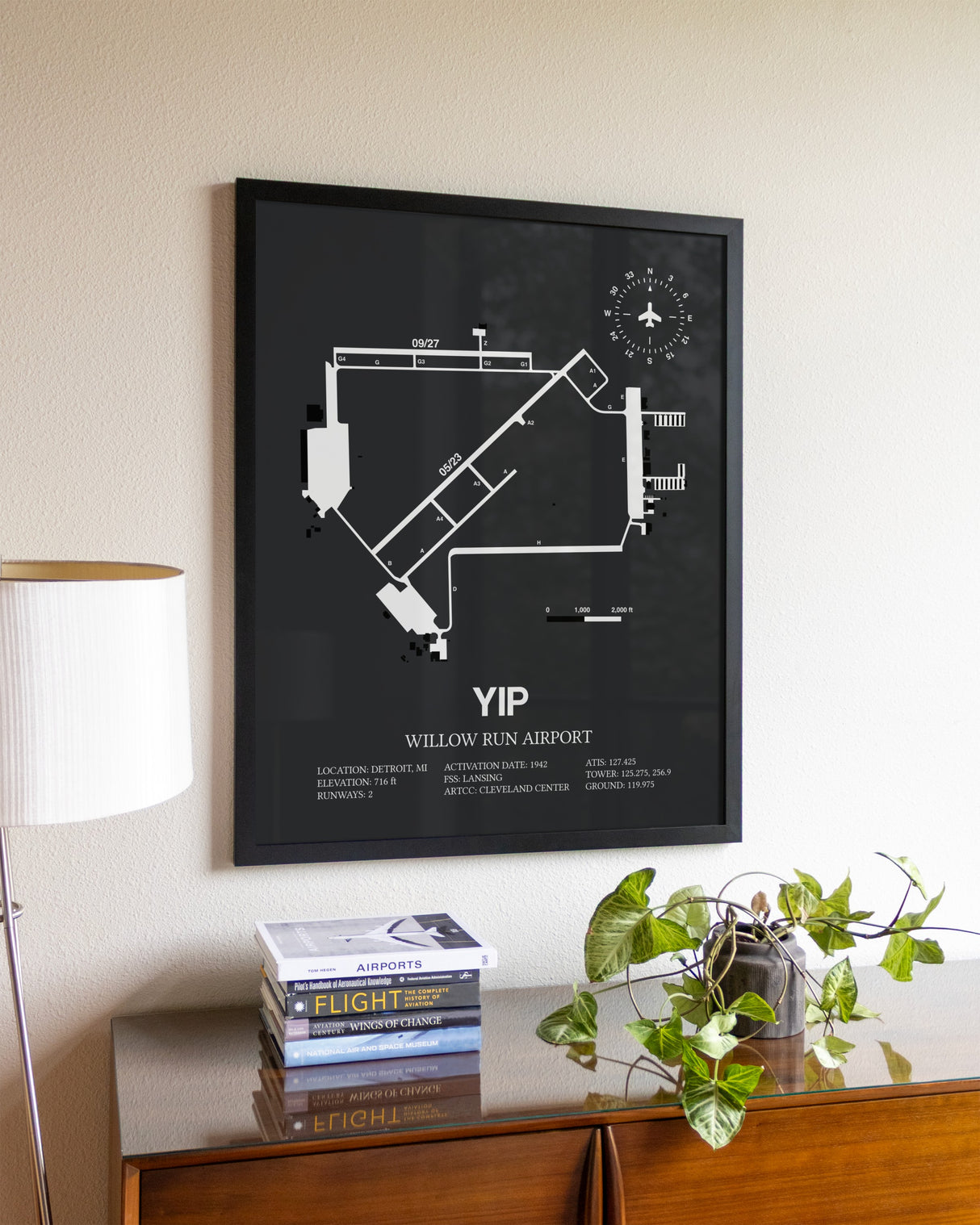 Gray Framed Willow Run Airport wall art poster in black frame
