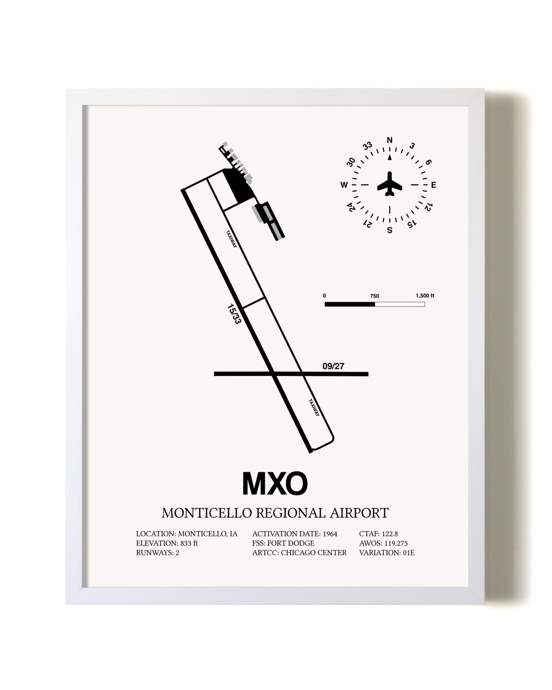 Monticello Regional Airport airport map poster in oak frame