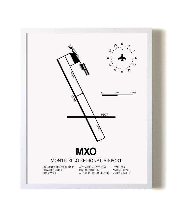 Monticello Regional Airport airport map poster in oak frame