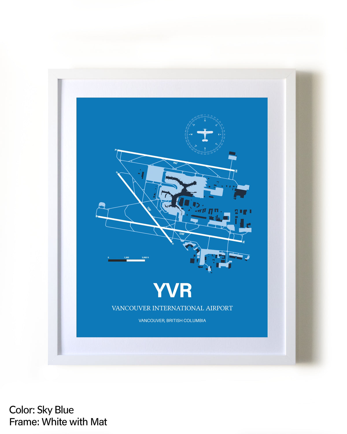 Vancouver International Airport framed wall art in white frame with mat