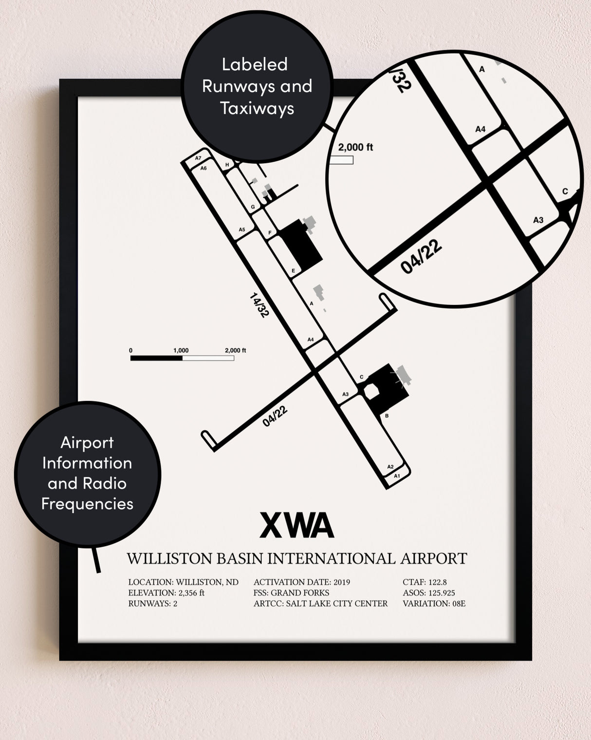 Framed Williston Basin International Airport layout wall art poster