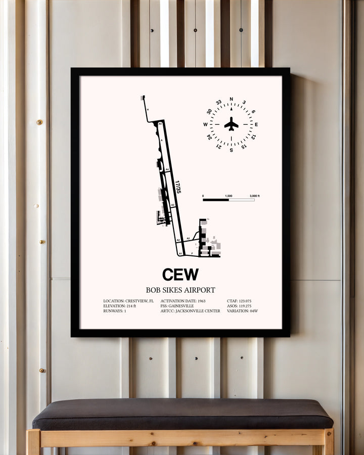 Bob Sikes Airport framed poster displayed in an airplane hangar