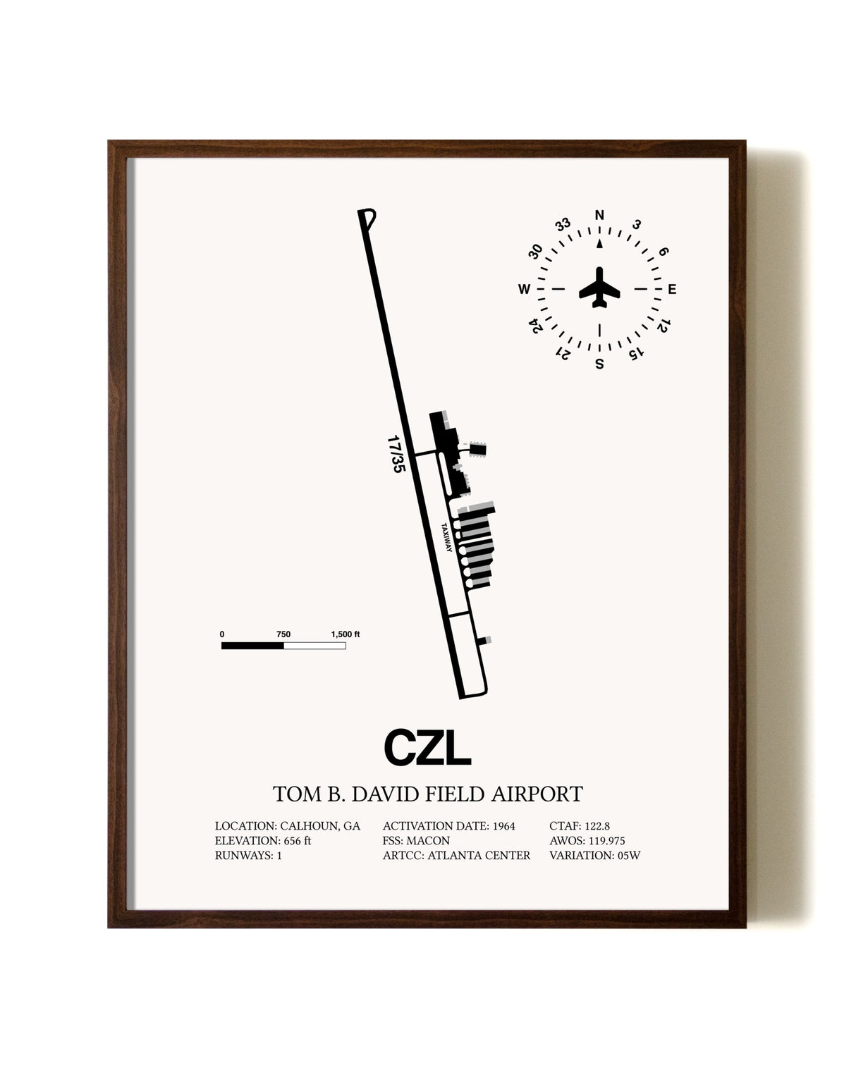Tom B. David Field Airport aviation print in walnut frame