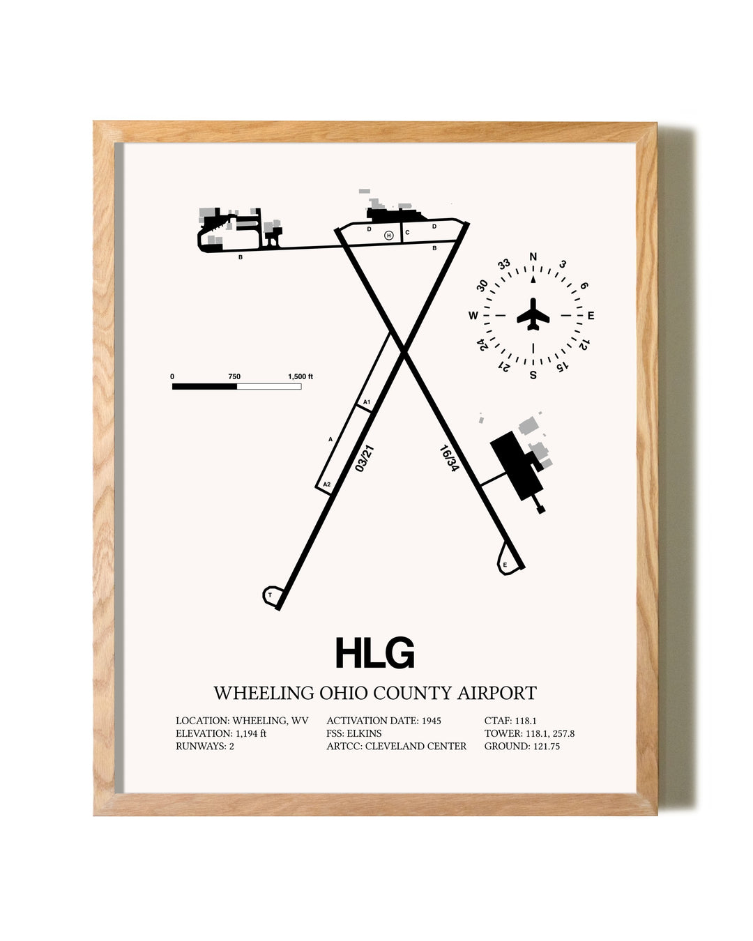 Wheeling Ohio County Airport framed print in natural wood frame